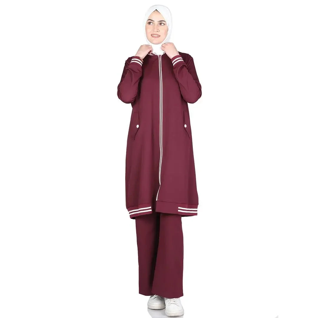 Palestinian Elegance modest light tracking suit in maroon with white striped cuffs and full zipper