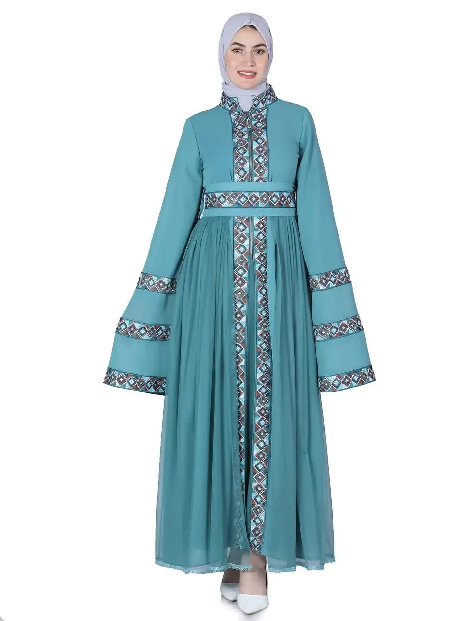 Palestinian Elegance luxury embroidered kaftan dress in teal with geometric patterns and long wide sleeves