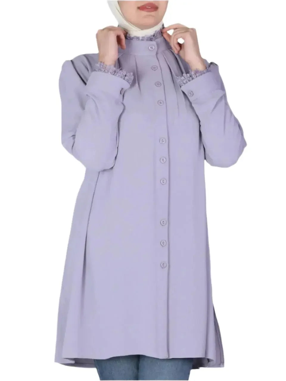 Palestinian Elegance modest button up shirt for women in light purple with long sleeves and ruffled cuffs