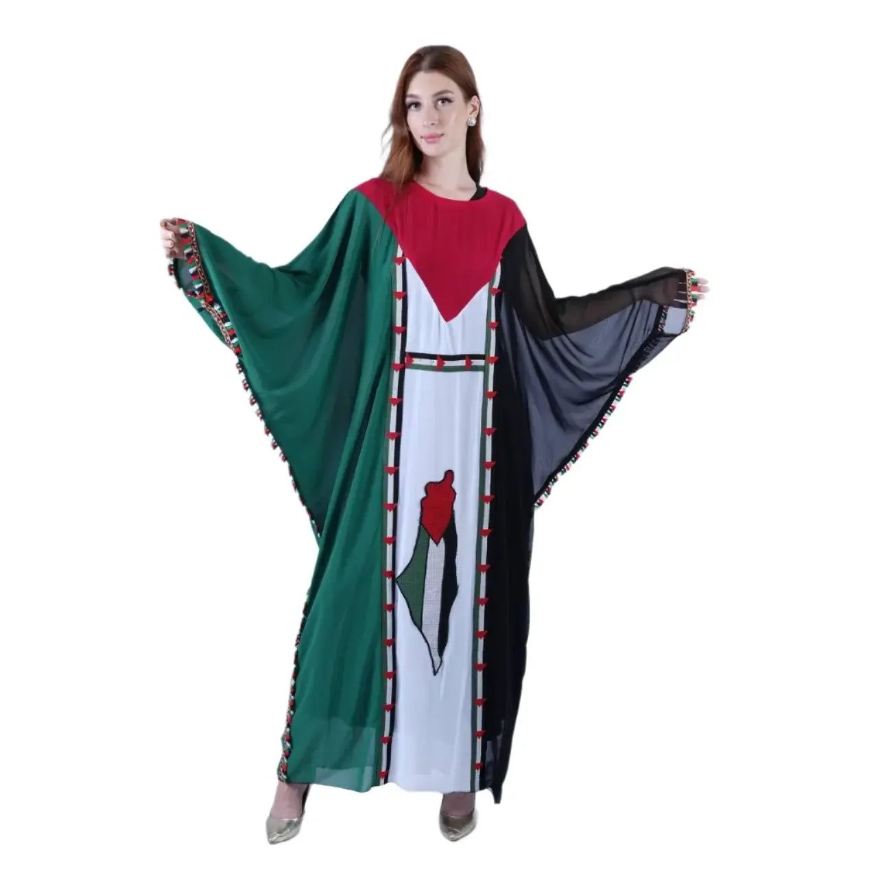 Palestinian Elegance casual Palestinian flag dress with flowing sleeves and traditional colors