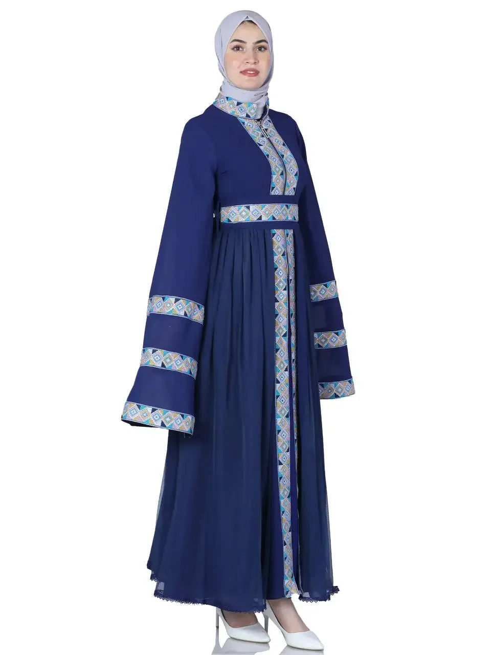 Palestinian Elegance luxury embroidered kaftan dress in navy blue with geometric embroidery details