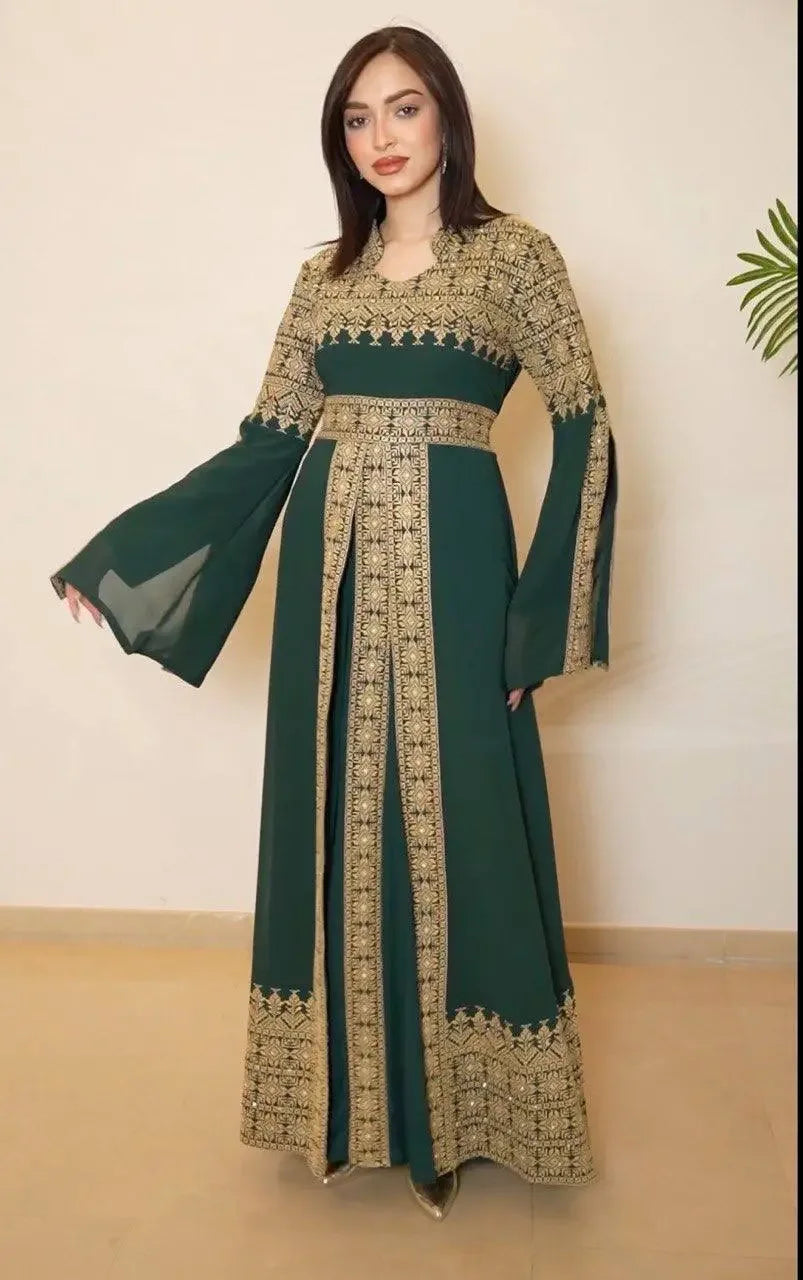 Green tatreez dress for women with intricate gold embroidery and flared sleeves by Palestinian Elegance