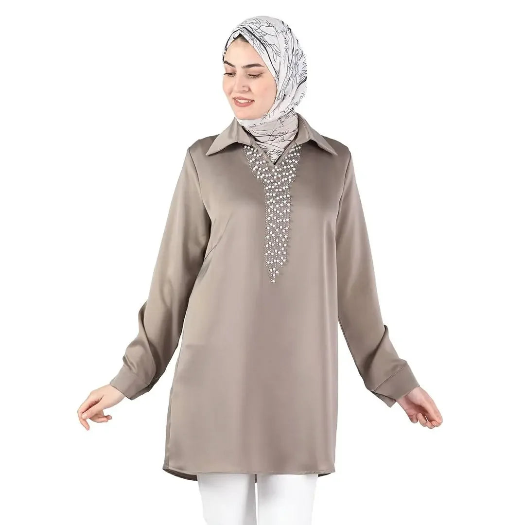 Palestinian Elegance satin pearl shirt for women in taupe with long sleeves and pearl detail