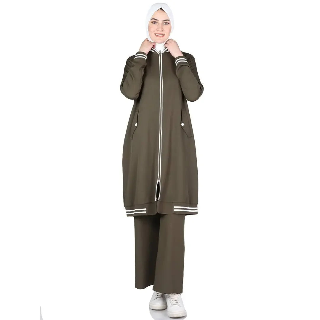 Palestinian Elegance modest light tracking suit in olive green with white striped details and full zipper