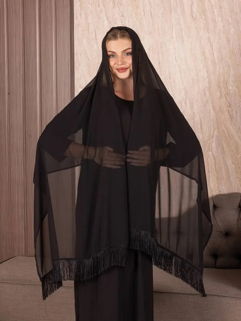 Traditional Palestinian khirka black sheer shawl with fringed edges by Palestinian Elegance