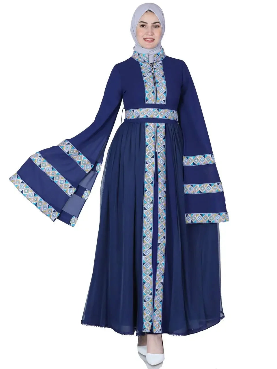 Palestinian Elegance luxury embroidered kaftan dress in navy blue with geometric embroidery and wide sleeves