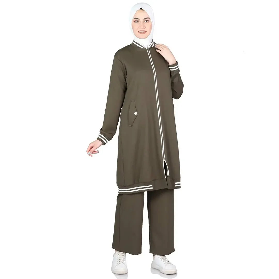 Palestinian Elegance modest light tracking suit with long zip-up jacket and loose pants in olive green