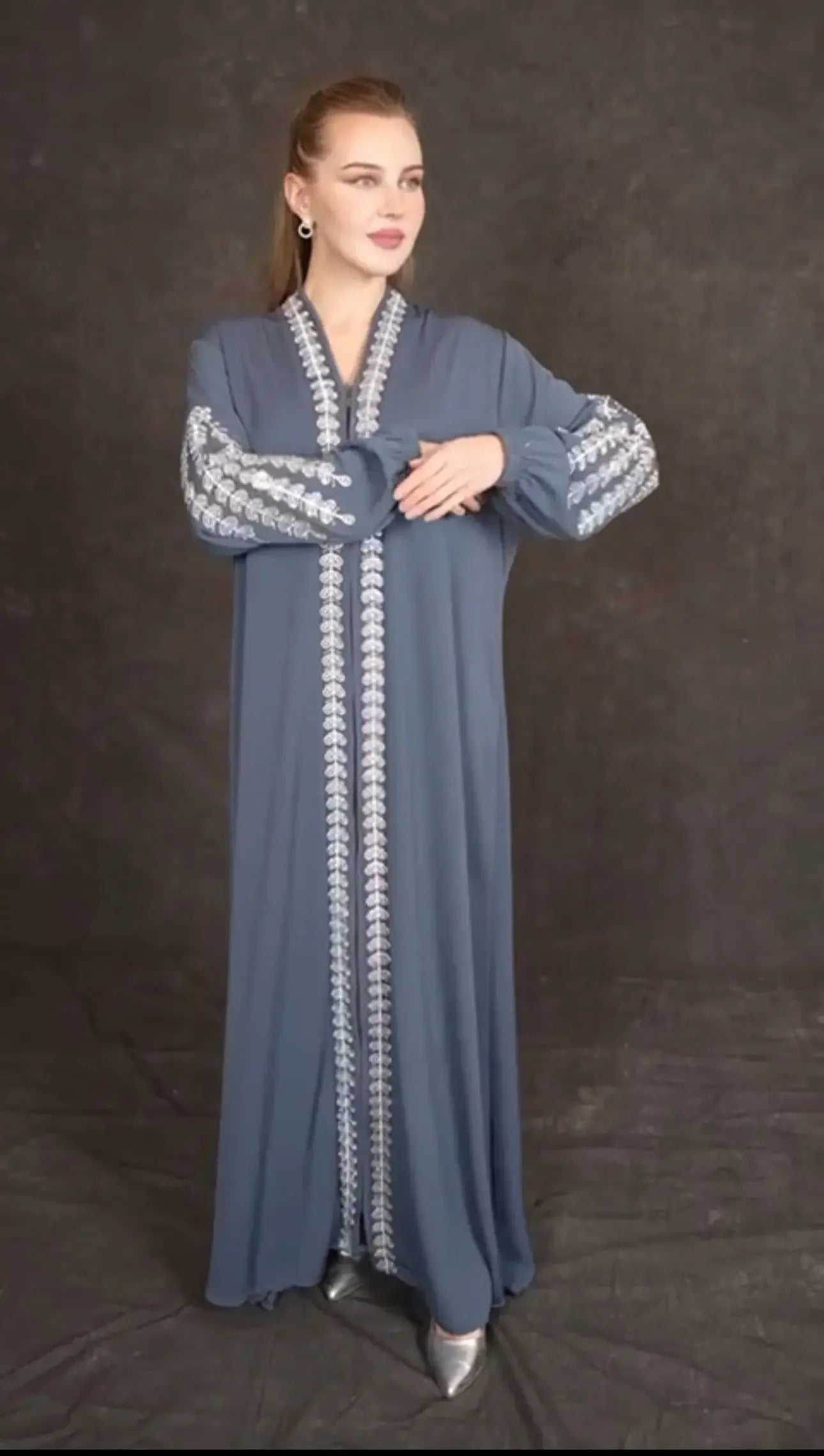 Palestinian Elegance plus size embroidered abaya in gray with intricate white embroidery on sleeves and front