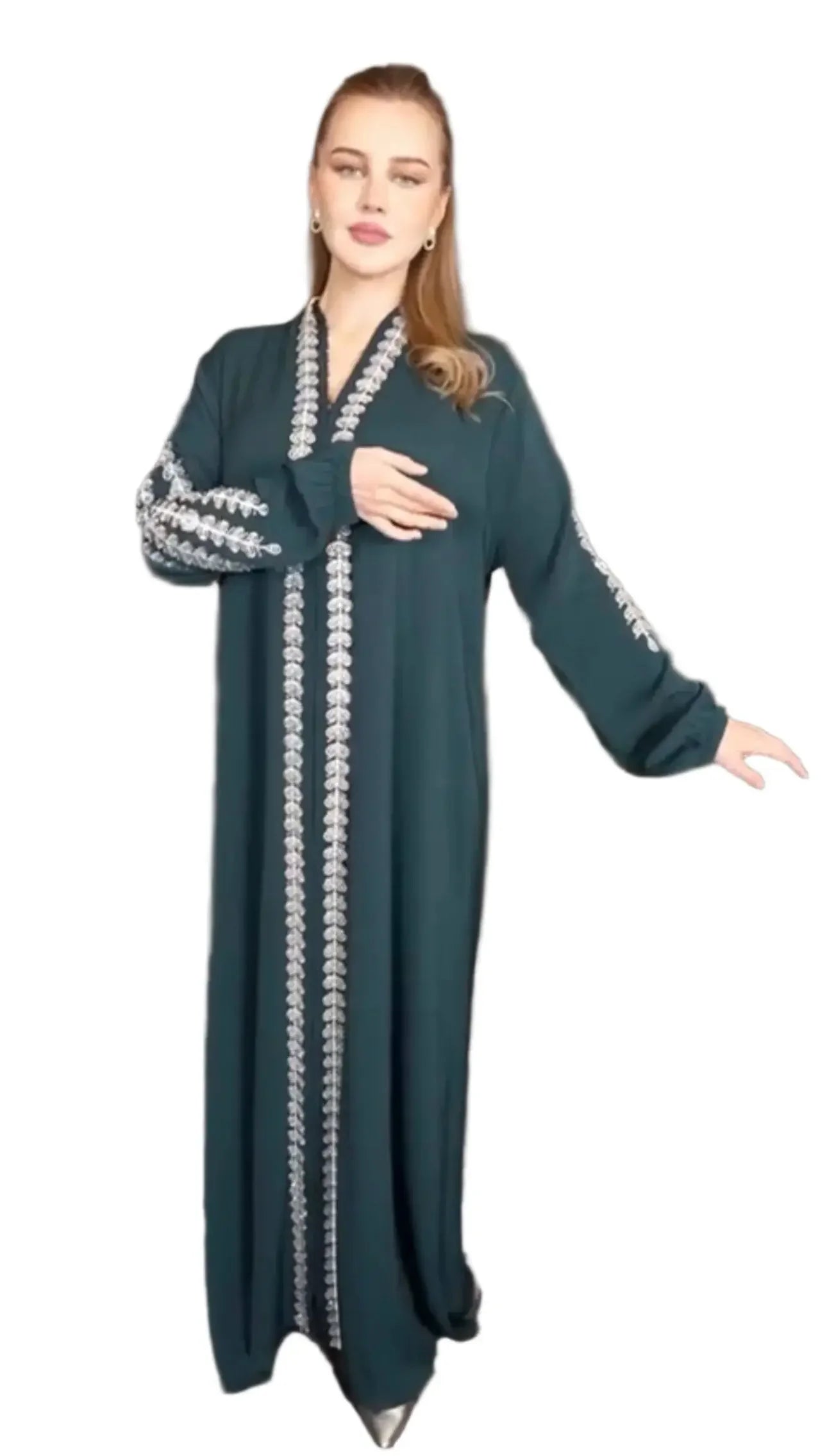 Palestinian Elegance plus size embroidered abaya in dark green with silver embroidery on sleeves and front