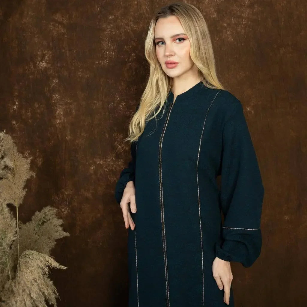 Plus size embroidered abaya from Palestinian Elegance in black with detailed stitching and long sleeves