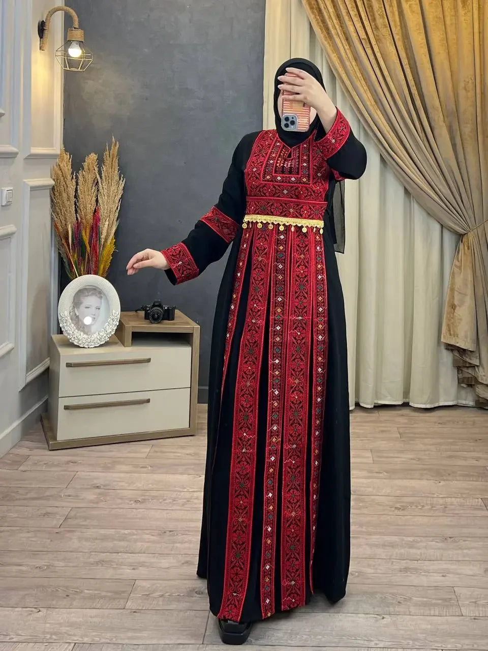 Red Tatreez Abaya: Sophisticated Elegance and Cultural Heritage - Palestinian Elegance