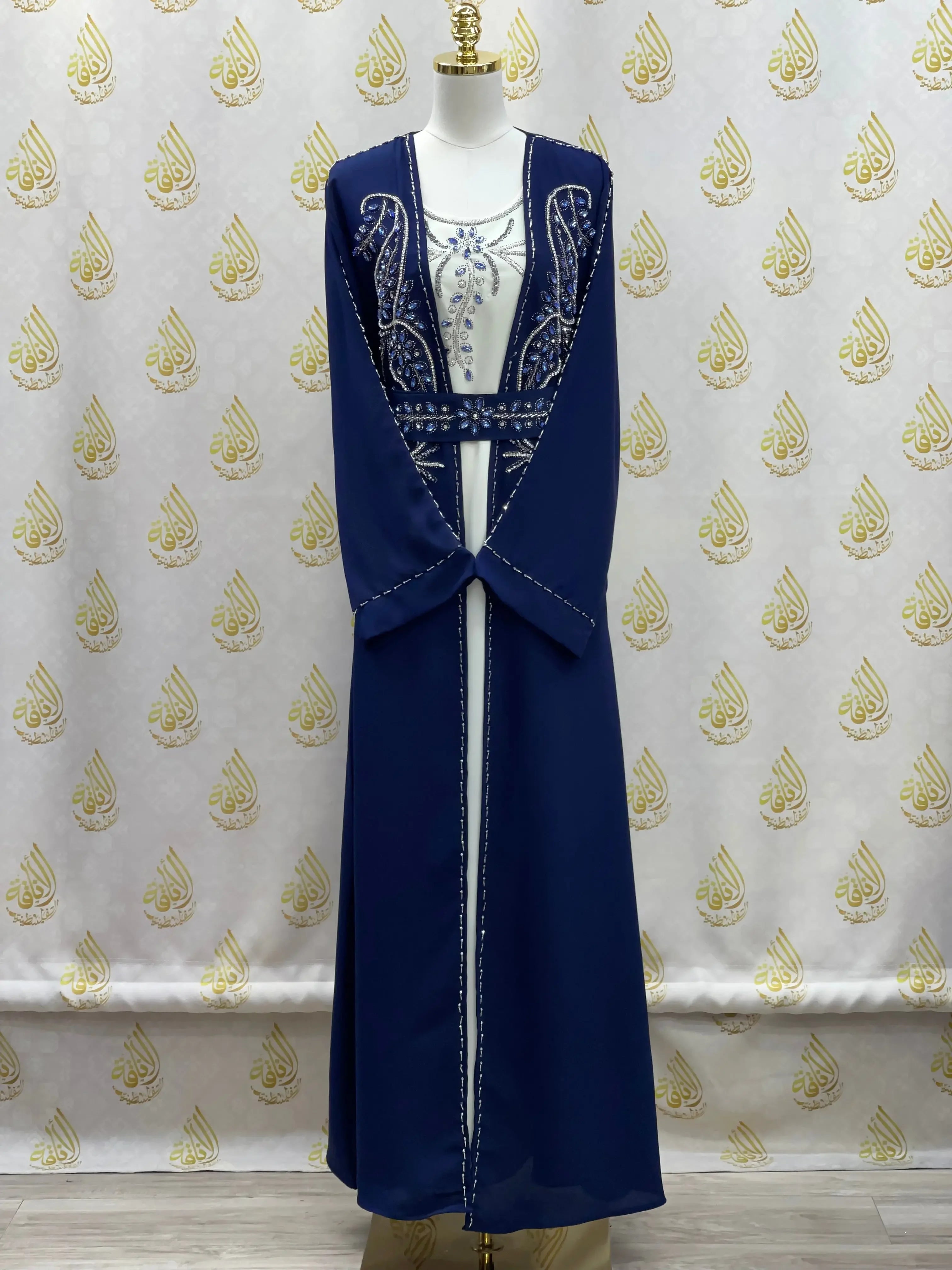 Palestinian Elegance navy blue rhinestone moroccan abaya with detailed silver embroidery on front and sleeves