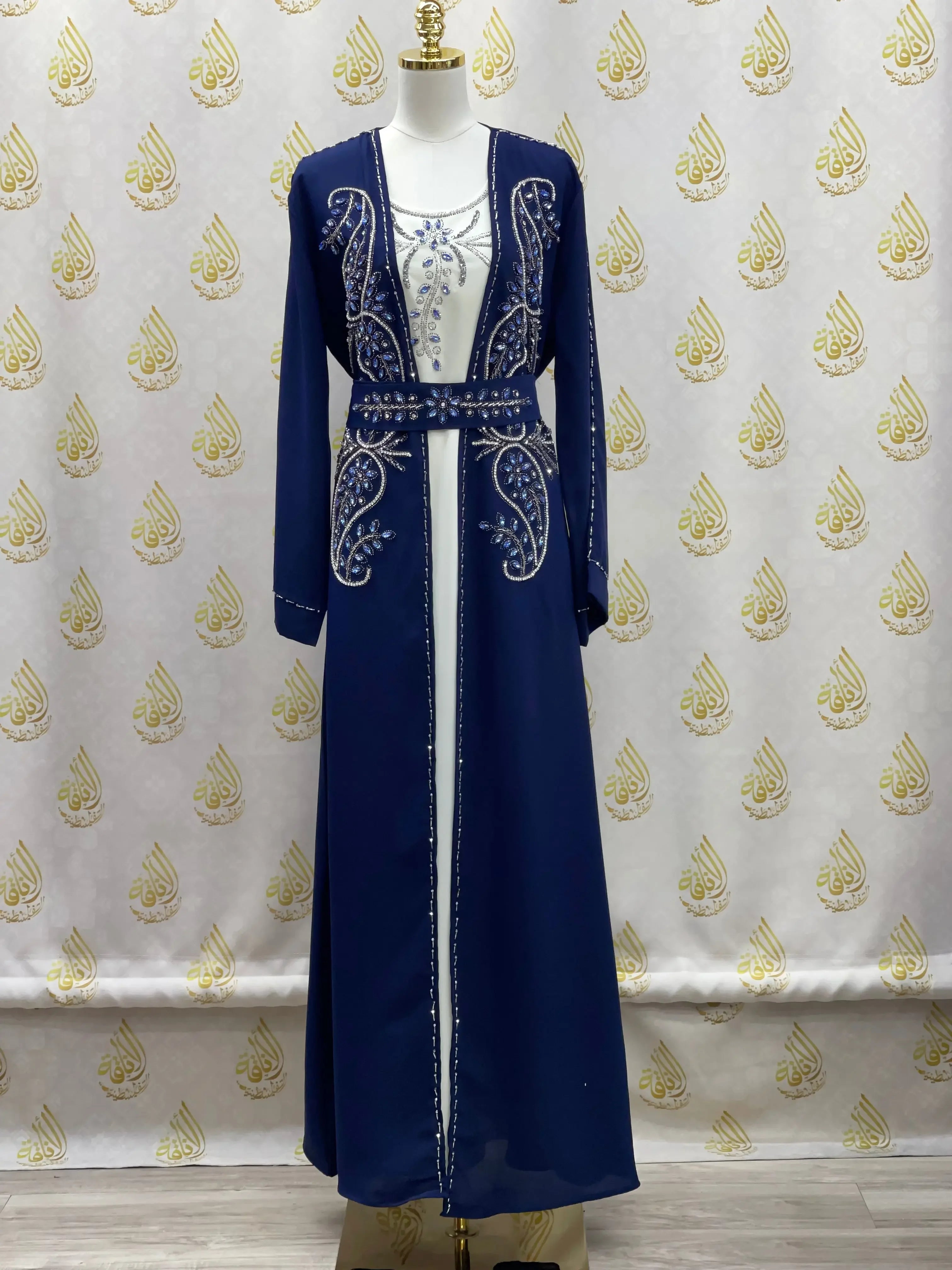 Palestinian Elegance navy blue rhinestone moroccan abaya with intricate silver embroidery and a matching belt