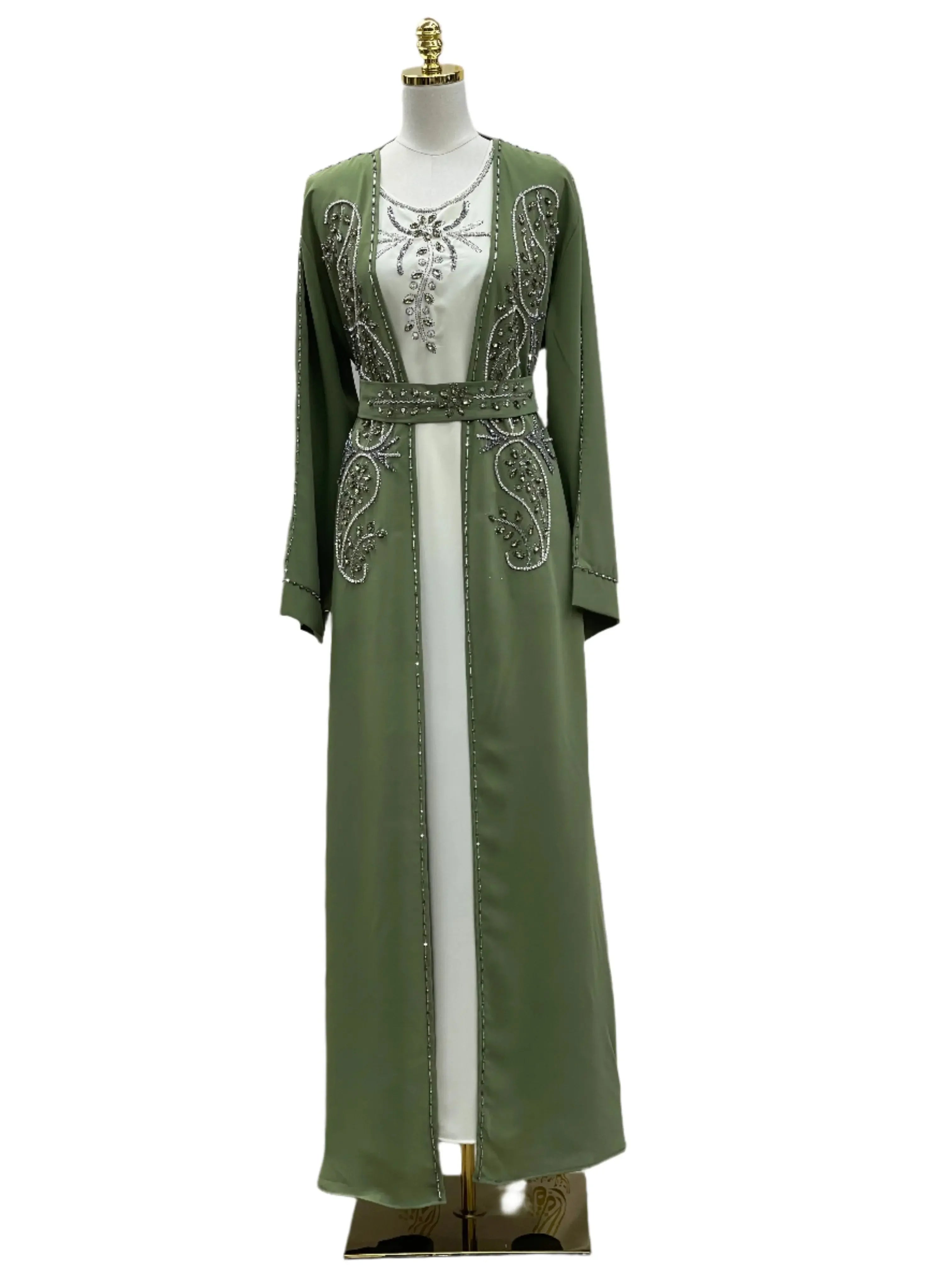 Palestinian Elegance rhinestone moroccan abaya in olive green with intricate rhinestone detailing and long sleeves