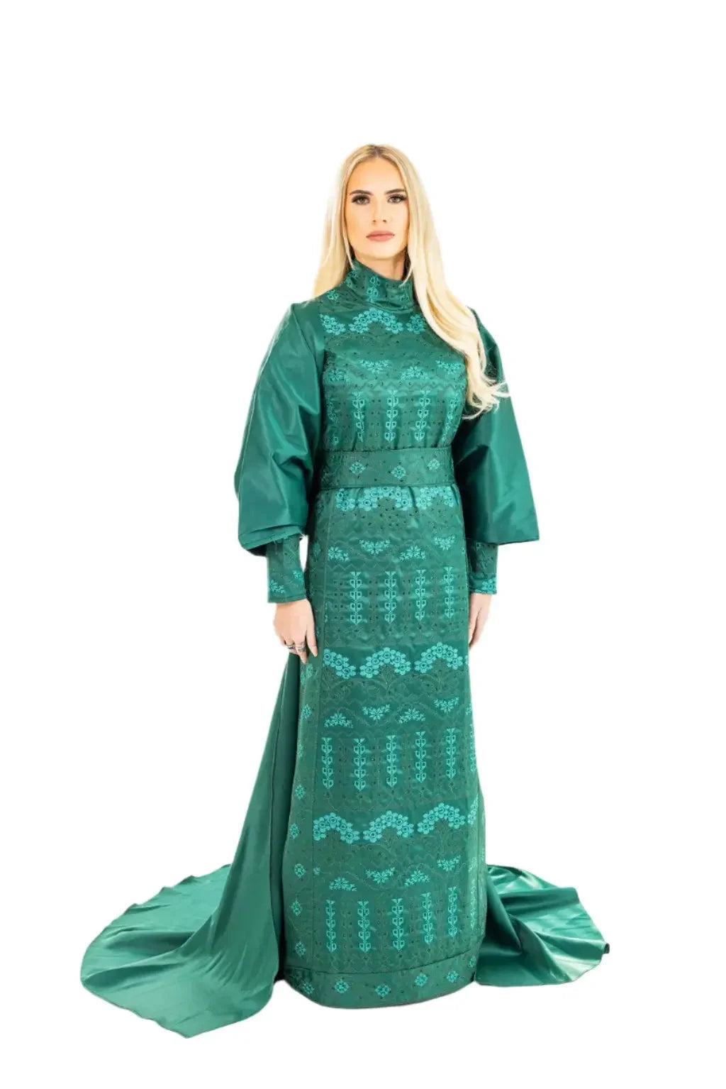 Palestinian Elegance green satin bridal dress with cape featuring intricate embroidery and long train