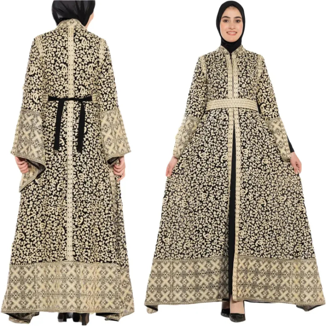 Palestinian Elegance silk embroidered caftan dress with intricate gold embroidery and full-length flowing design