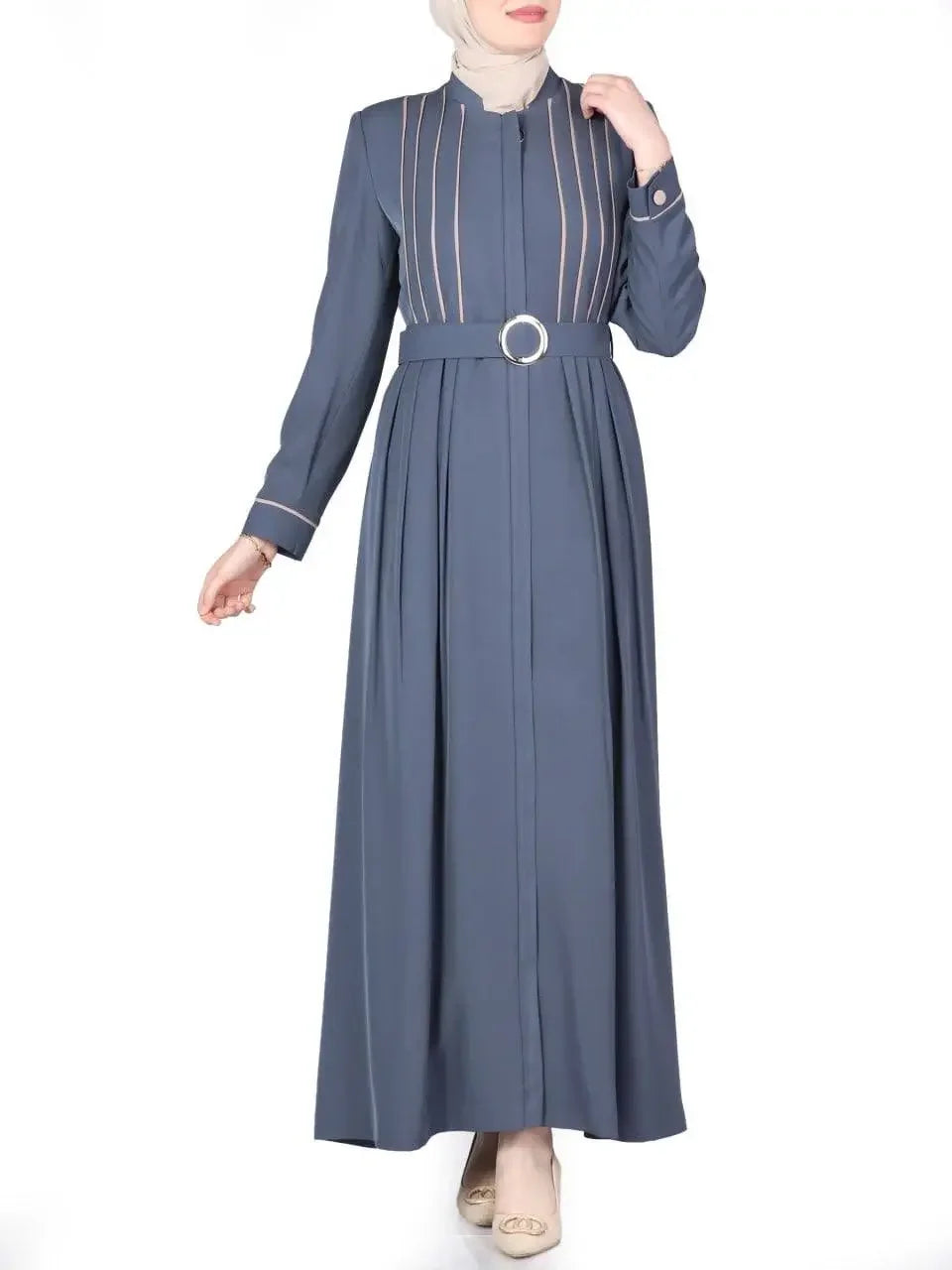 Palestinian Elegance simple jilbab dress in blue with belt and vertical stripe details