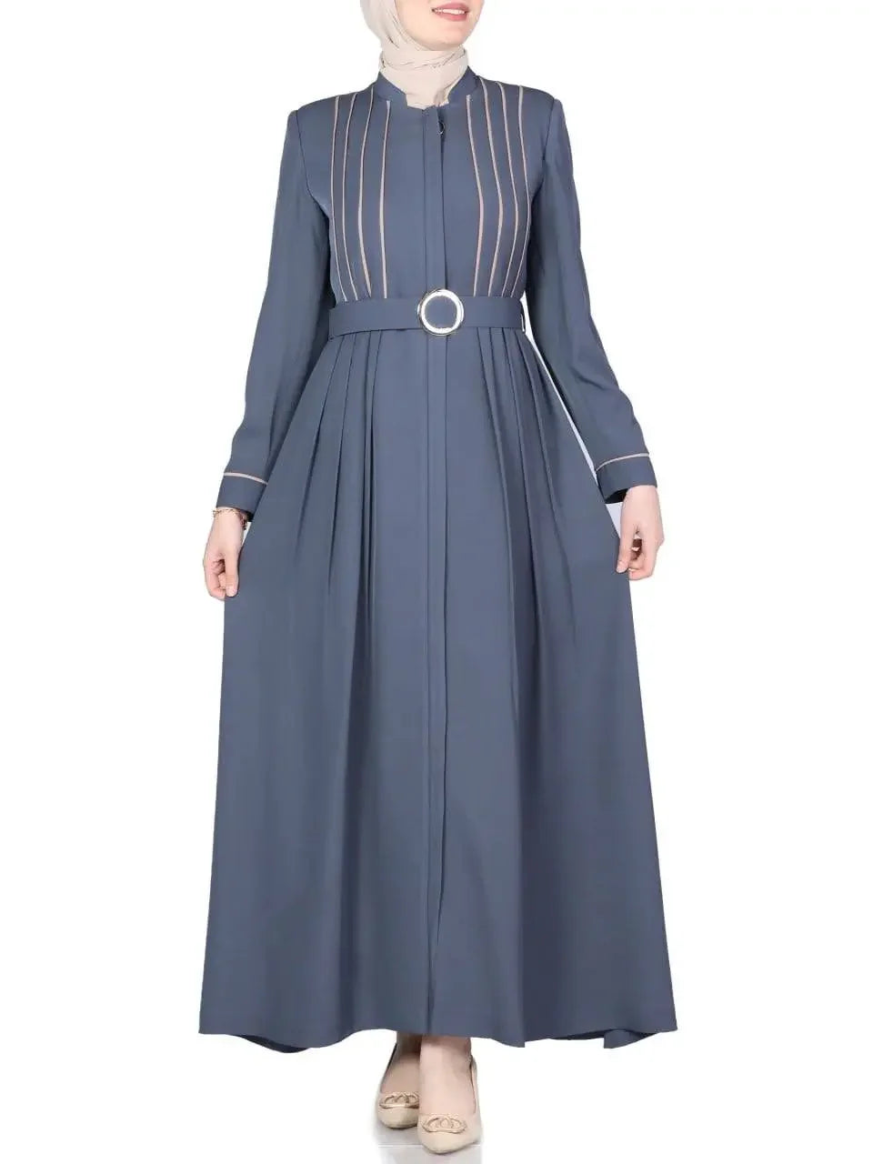 Palestinian Elegance simple jilbab dress in blue with belted waist and long sleeves