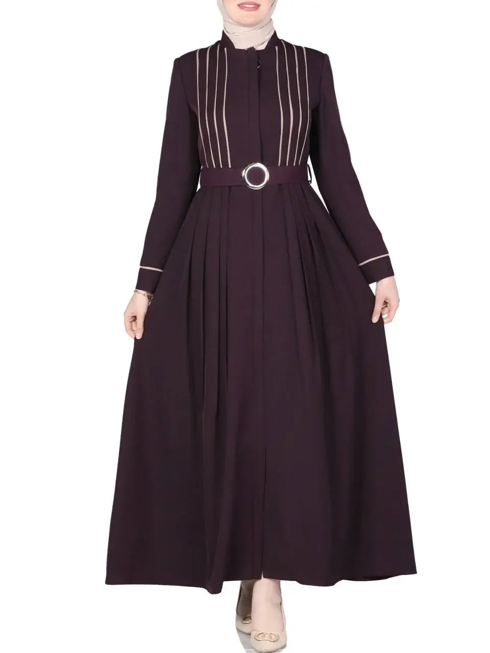Palestinian Elegance simple jilbab dress in dark purple with belt and vertical stripes