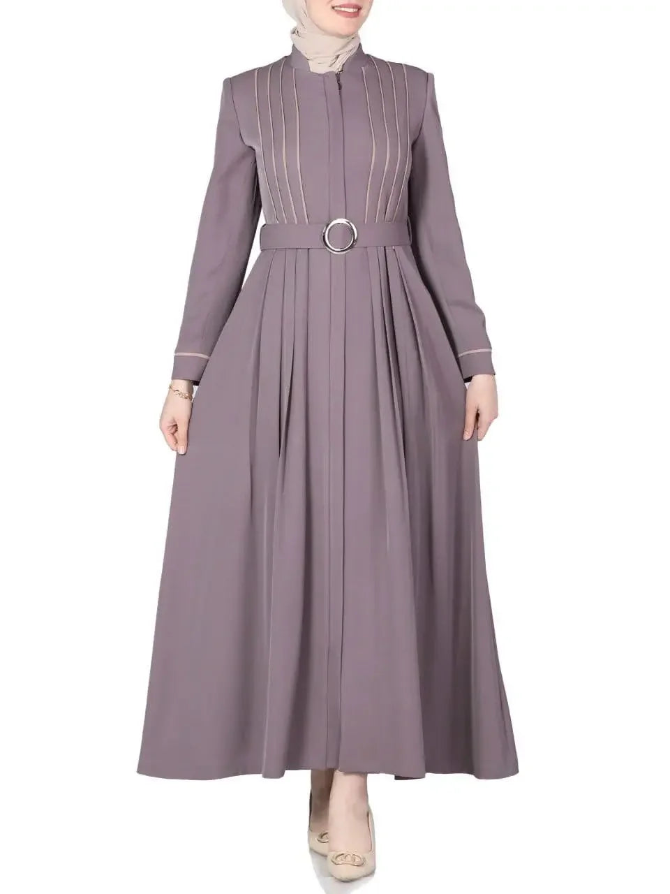 Palestinian Elegance simple jilbab dress in muted purple with long sleeves and belted waist