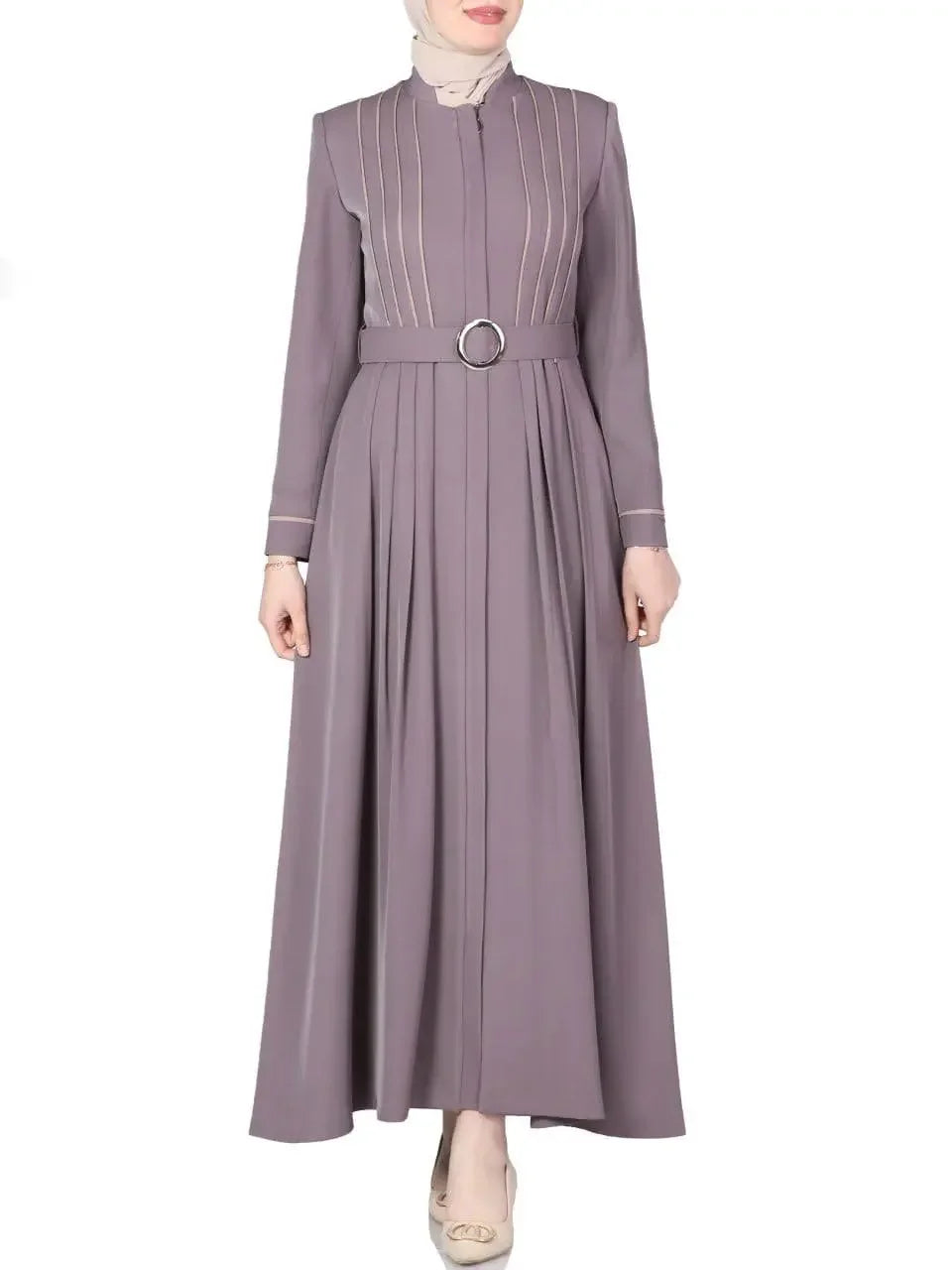 Palestinian Elegance simple jilbab dress in muted purple with long sleeves and belt detail