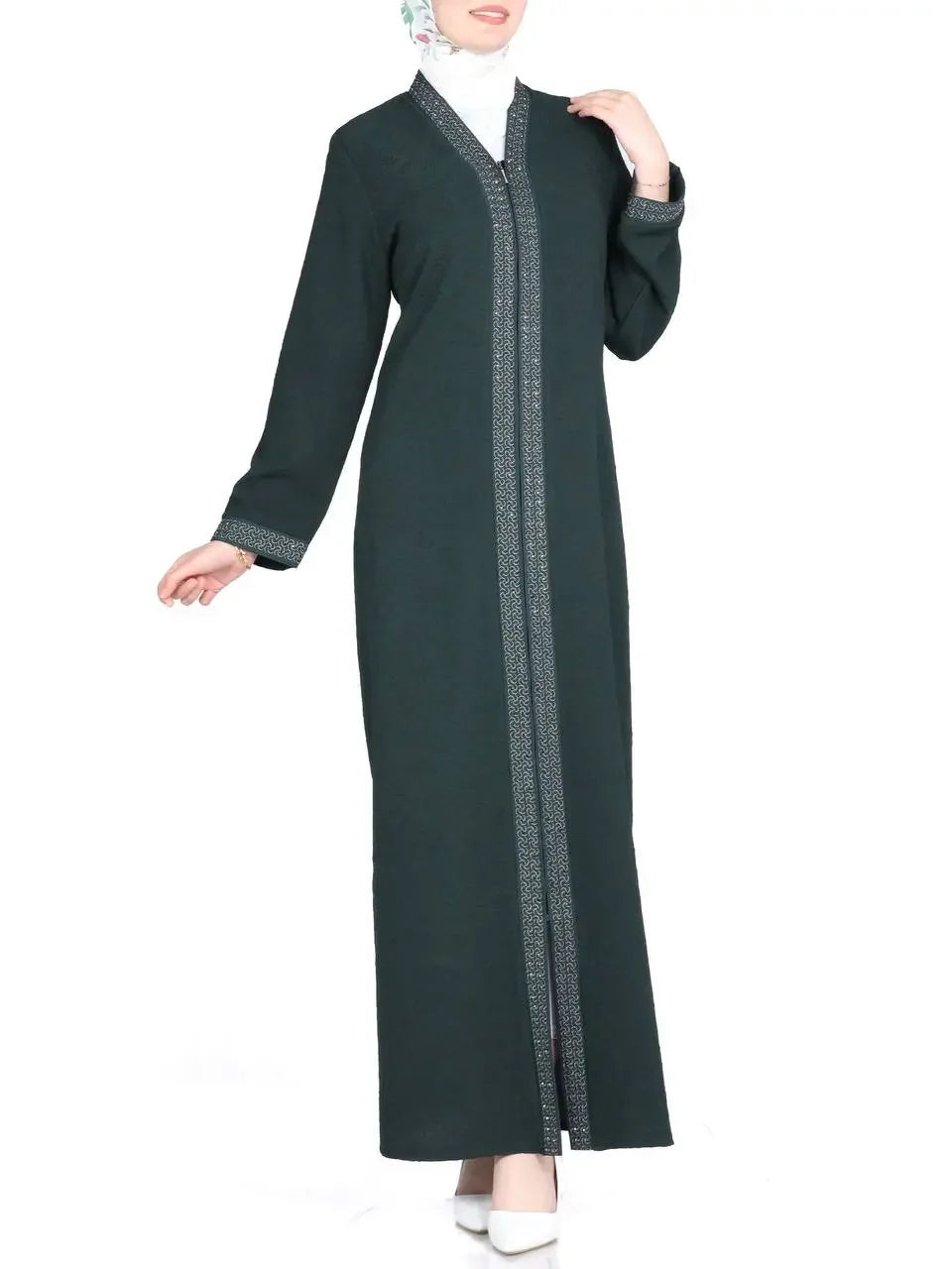 Palestinian Elegance sleek black abaya for women with detailed trim on front and cuffs