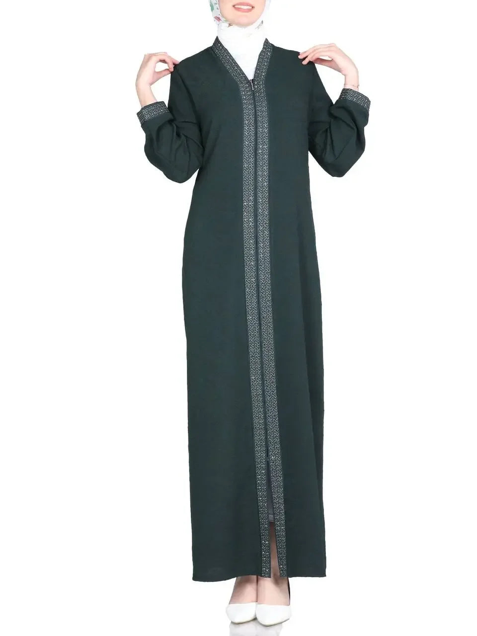 Palestinian Elegance sleek black abaya for women with decorative trim and long sleeves