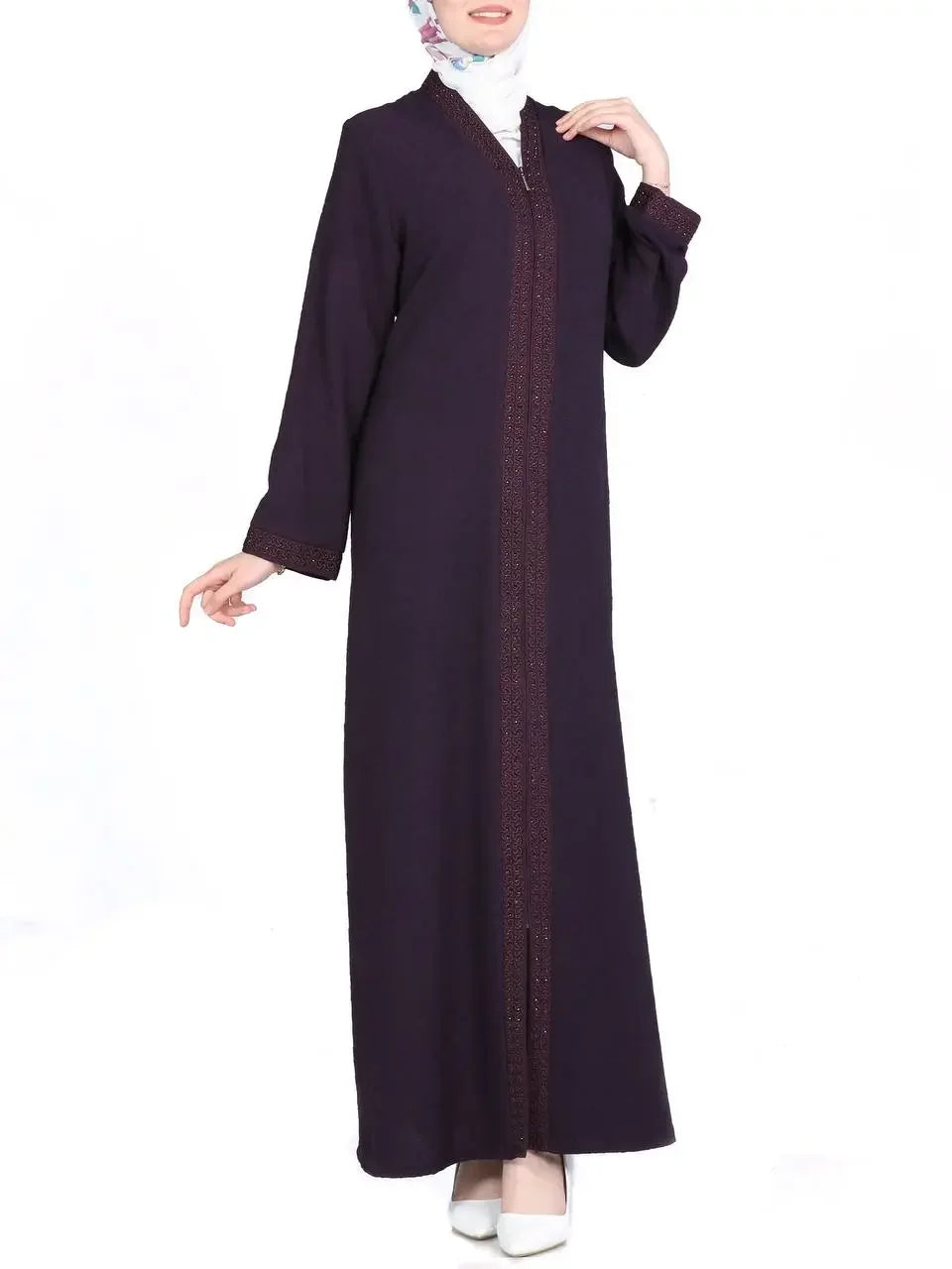 Palestinian Elegance sleek black abaya for women with subtle embroidery and long sleeves