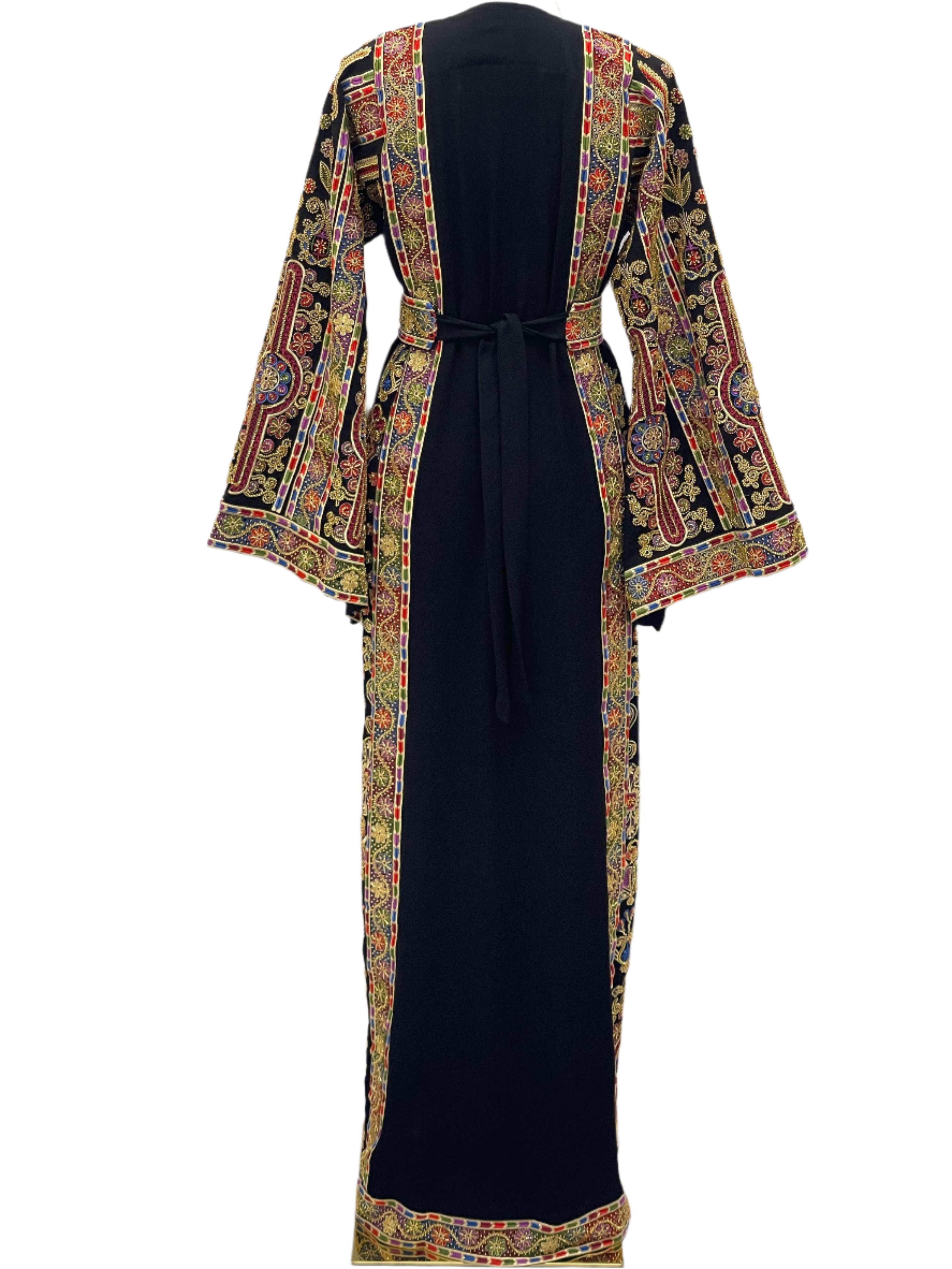 Sofie Heavily Beaded Embroidered Thoub by Palestinian Elegance with intricate colorful patterns on black fabric
