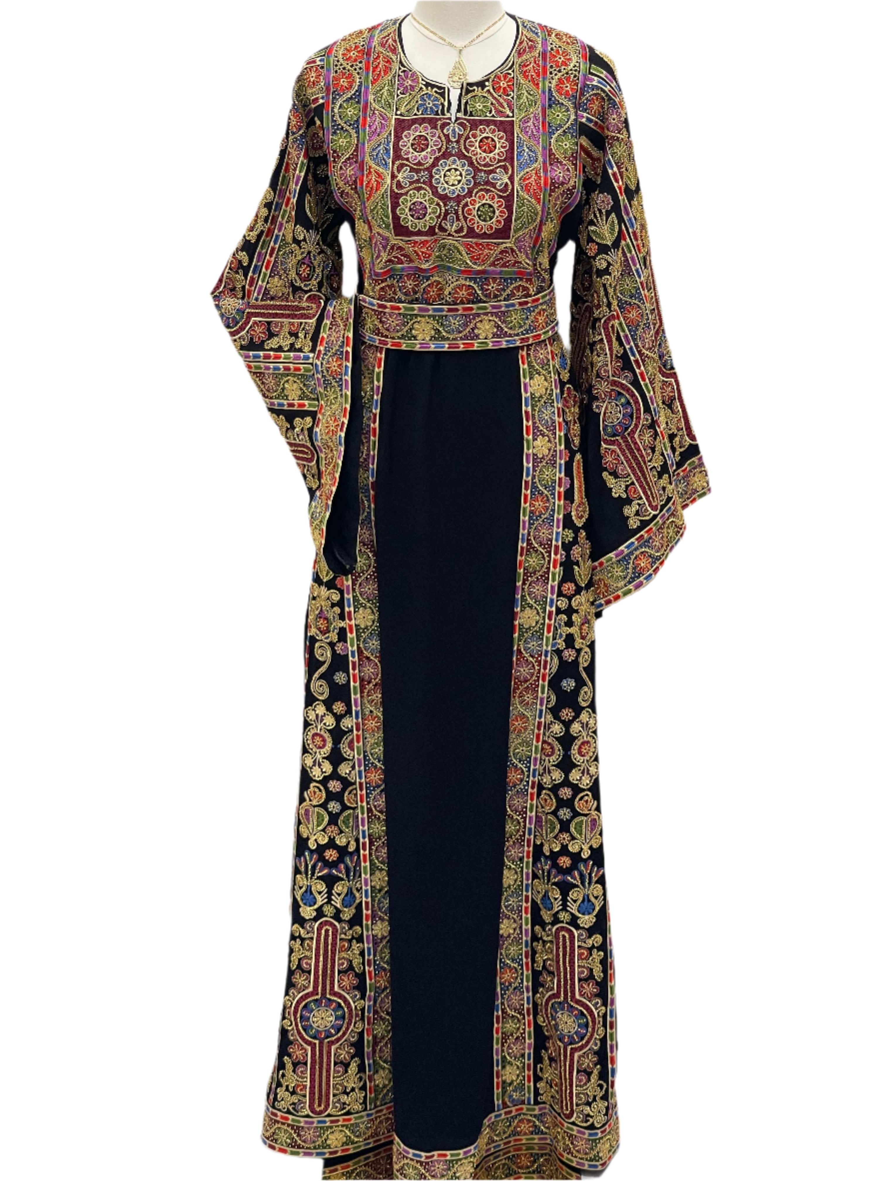 Palestinian Elegance Sofie Heavily Beaded Embroidered Thoub with intricate traditional beadwork and colorful patterns