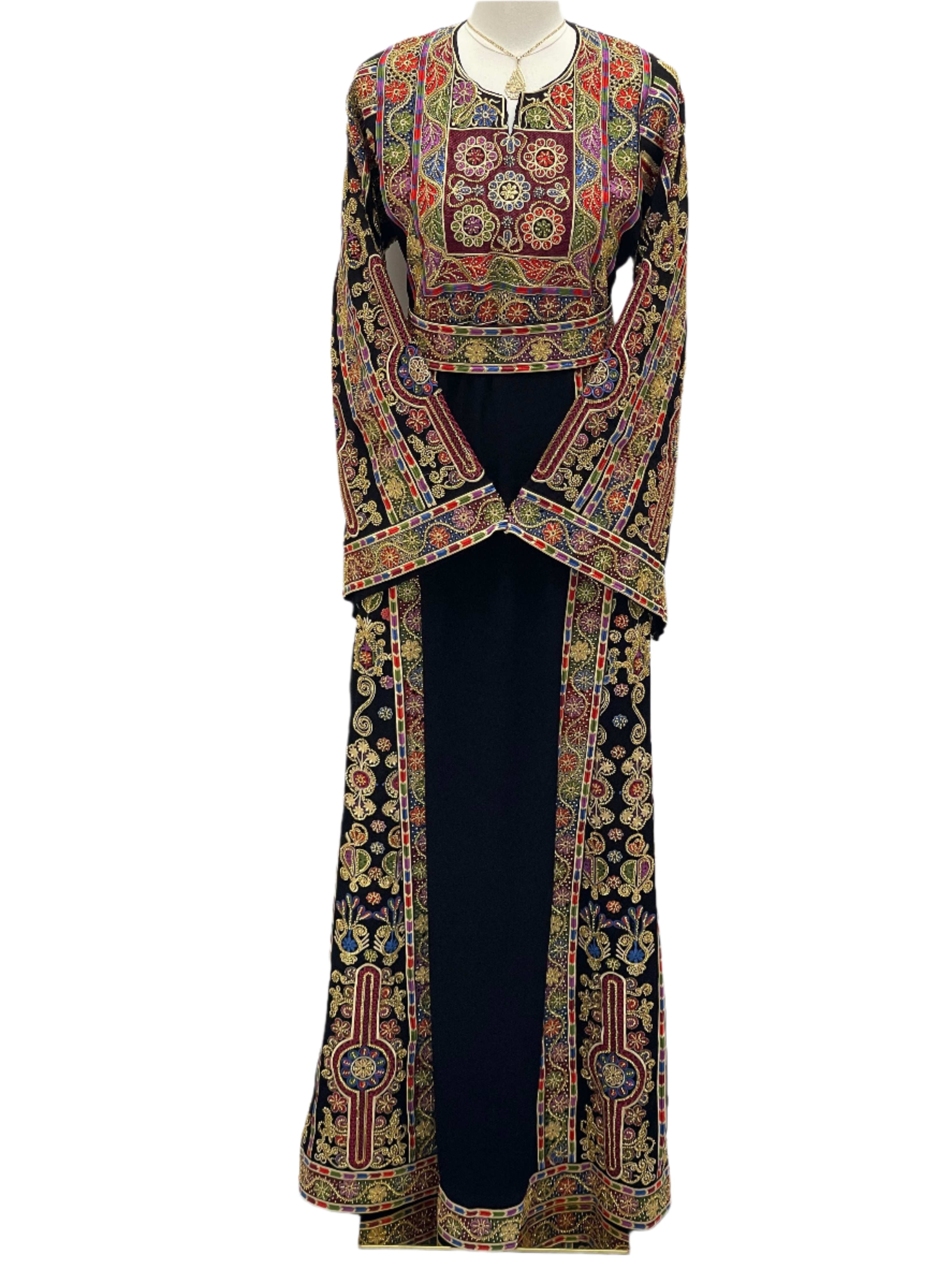 Sofie Heavily Beaded Embroidered Thoub by Palestinian Elegance with intricate colorful embroidery on black fabric