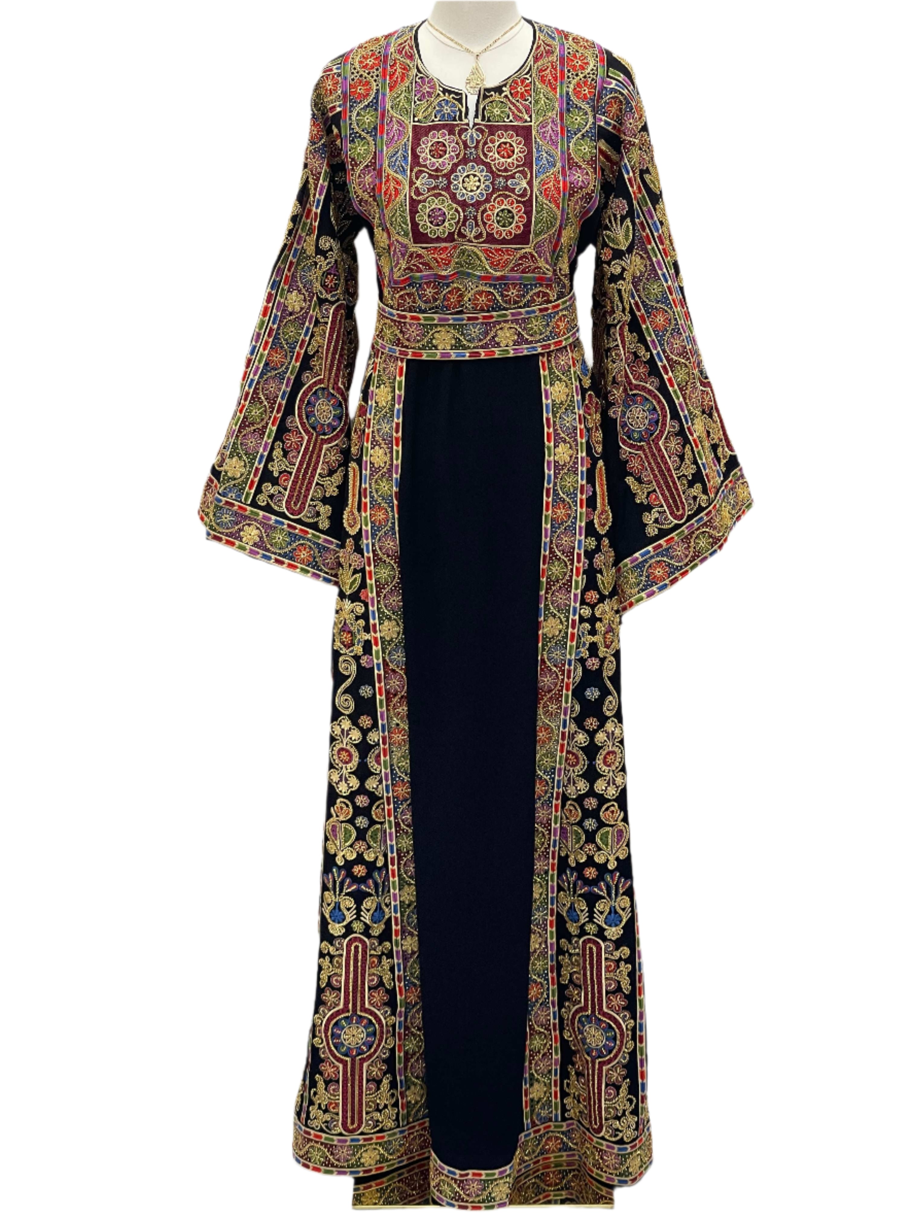 Palestinian Elegance Sofie Heavily Beaded Embroidered Thoub with intricate colorful embroidery on black fabric