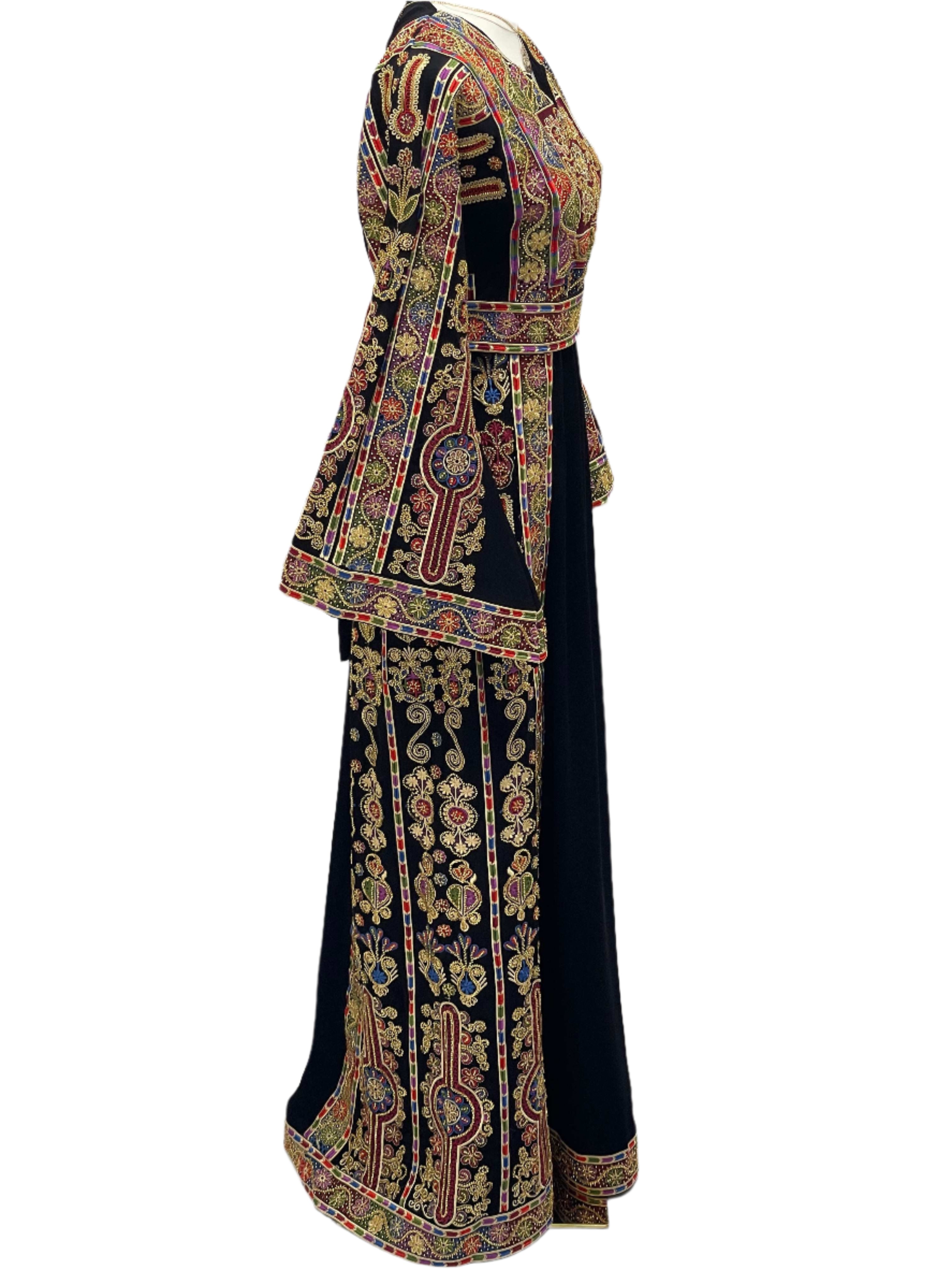 Sofie Heavily Beaded Embroidered Thoub by Palestinian Elegance showcasing intricate colorful embroidery on black fabric