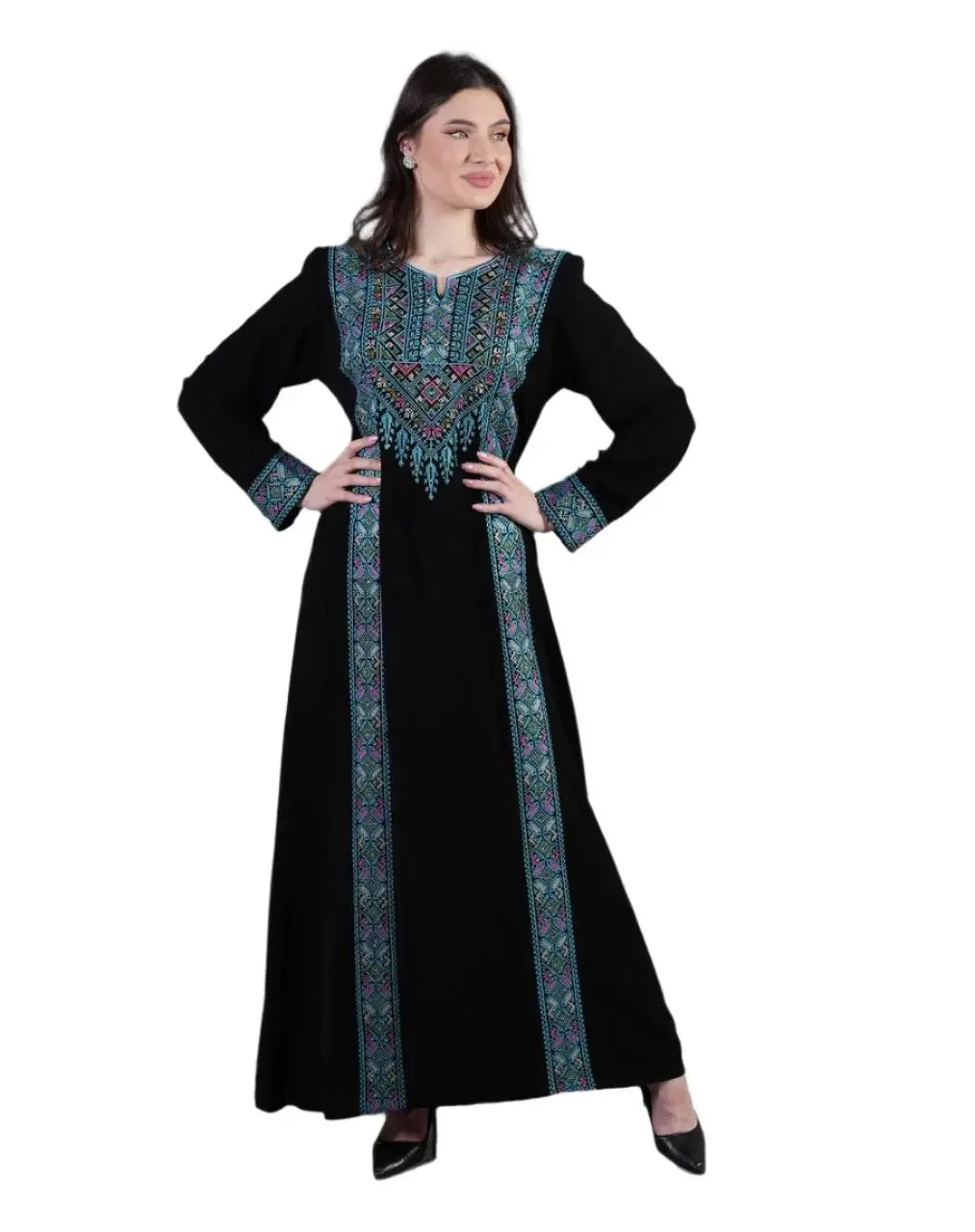 Palestinian Elegance black Tatreez Abaya Dress with intricate blue and pink embroidery on front and sleeves
