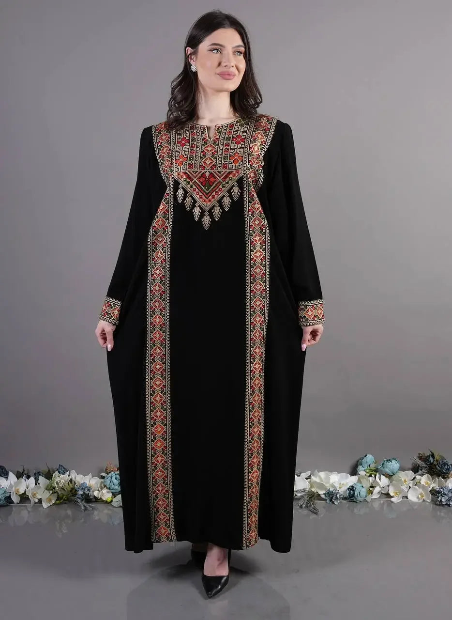 Palestinian Elegance Tatreez Abaya Dress with Traditional Embroidered Patterns on Black Fabric