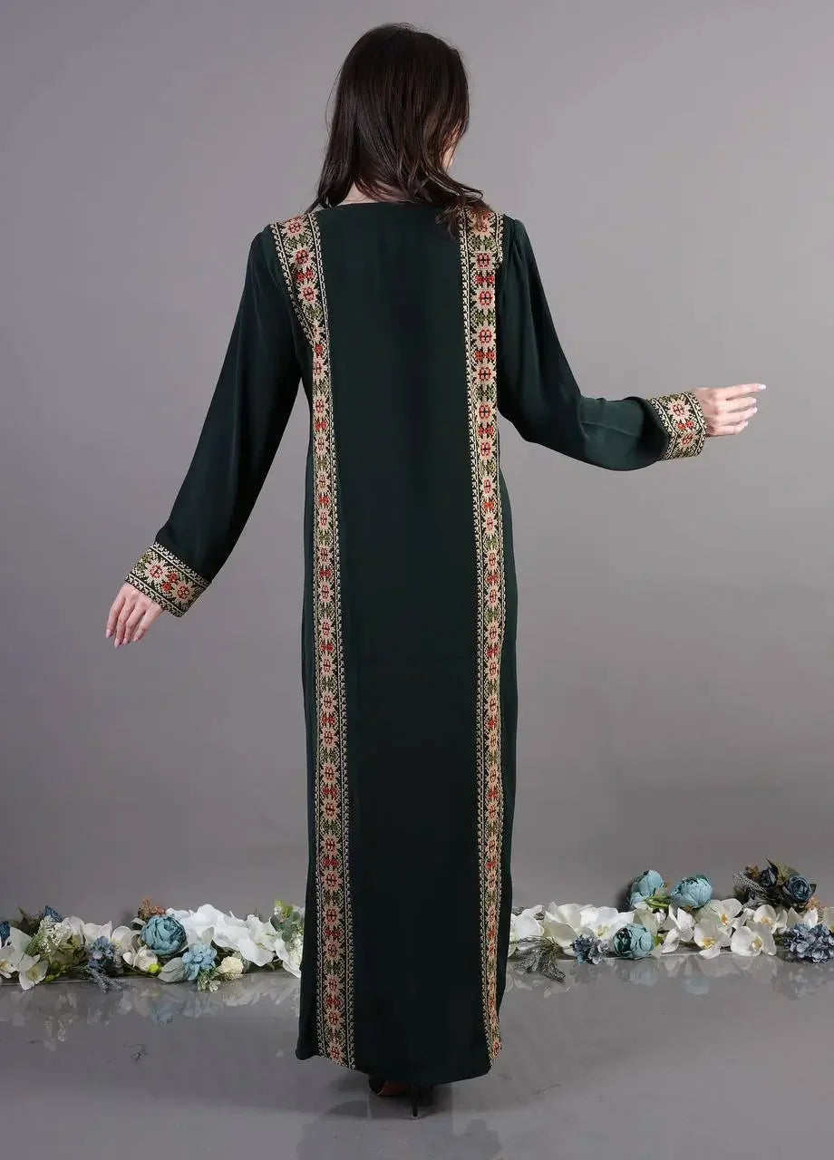 Back view of Palestinian Elegance Tatreez Abaya Dress in dark green with traditional embroidery details