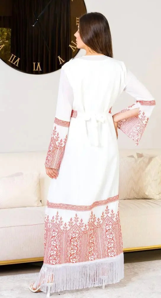 Front angled view of Two Piece Tatreez Georgette Abaya, combining modern modest fashion with heritage design