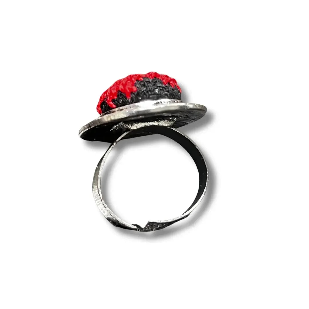 Palestinian Elegance tatreez adjustable ring with red and black embroidery on silver band