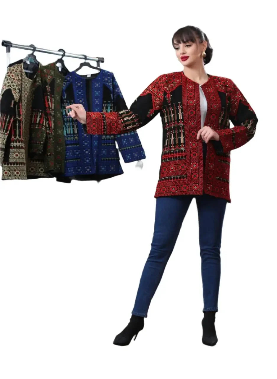 Woman wearing red tatreez embroidered jacket from Palestinian Elegance showcasing traditional casual jacket styles