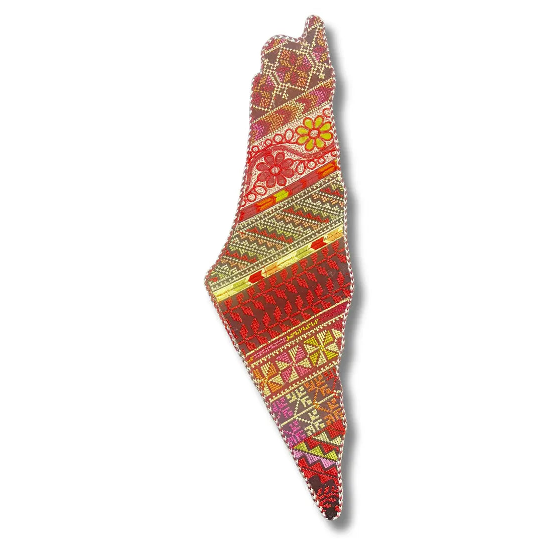 Tatreez embroidered Palestine map decor with traditional colorful Palestinian patterns