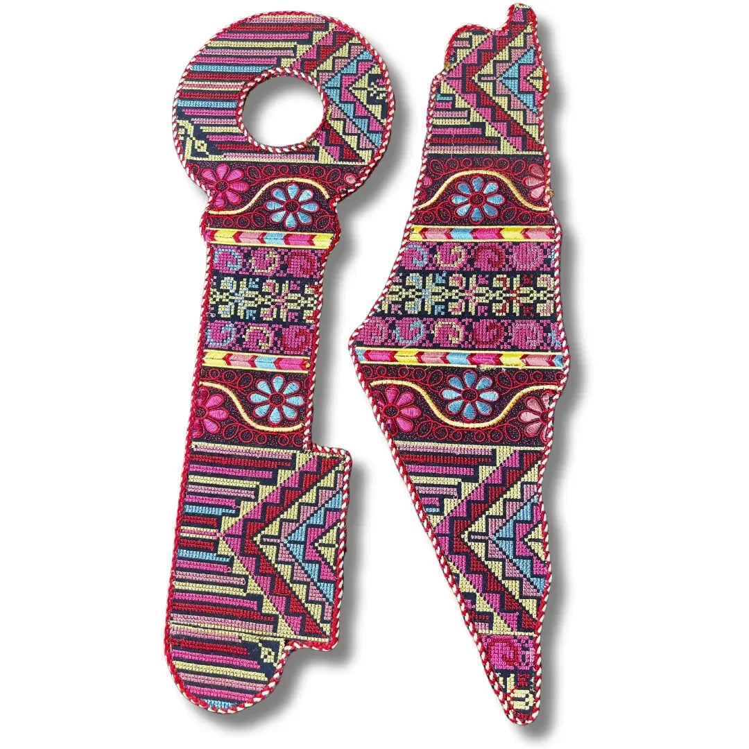 Palestinian Elegance tatreez home decor bundle with colorful traditional embroidered key and map shapes