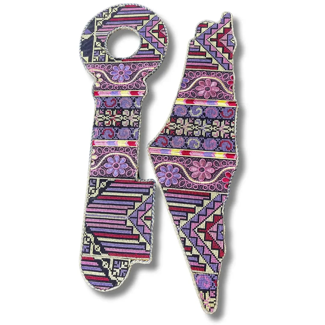 Palestinian Elegance tatreez home decor bundle with traditional embroidered key and map shapes in purple and pink