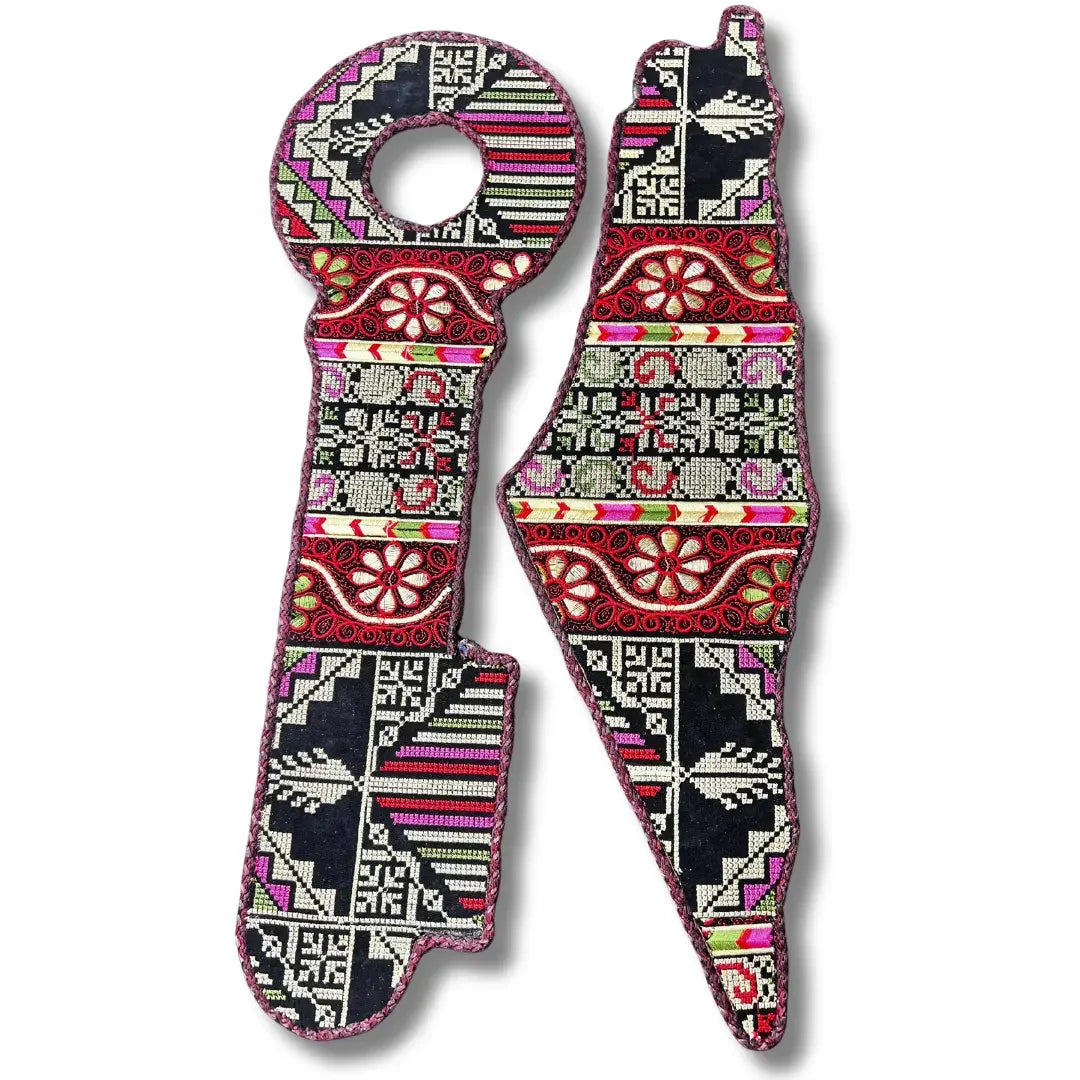 Palestinian Elegance tatreez home decor bundle featuring traditional embroidered key and map-shaped accessories