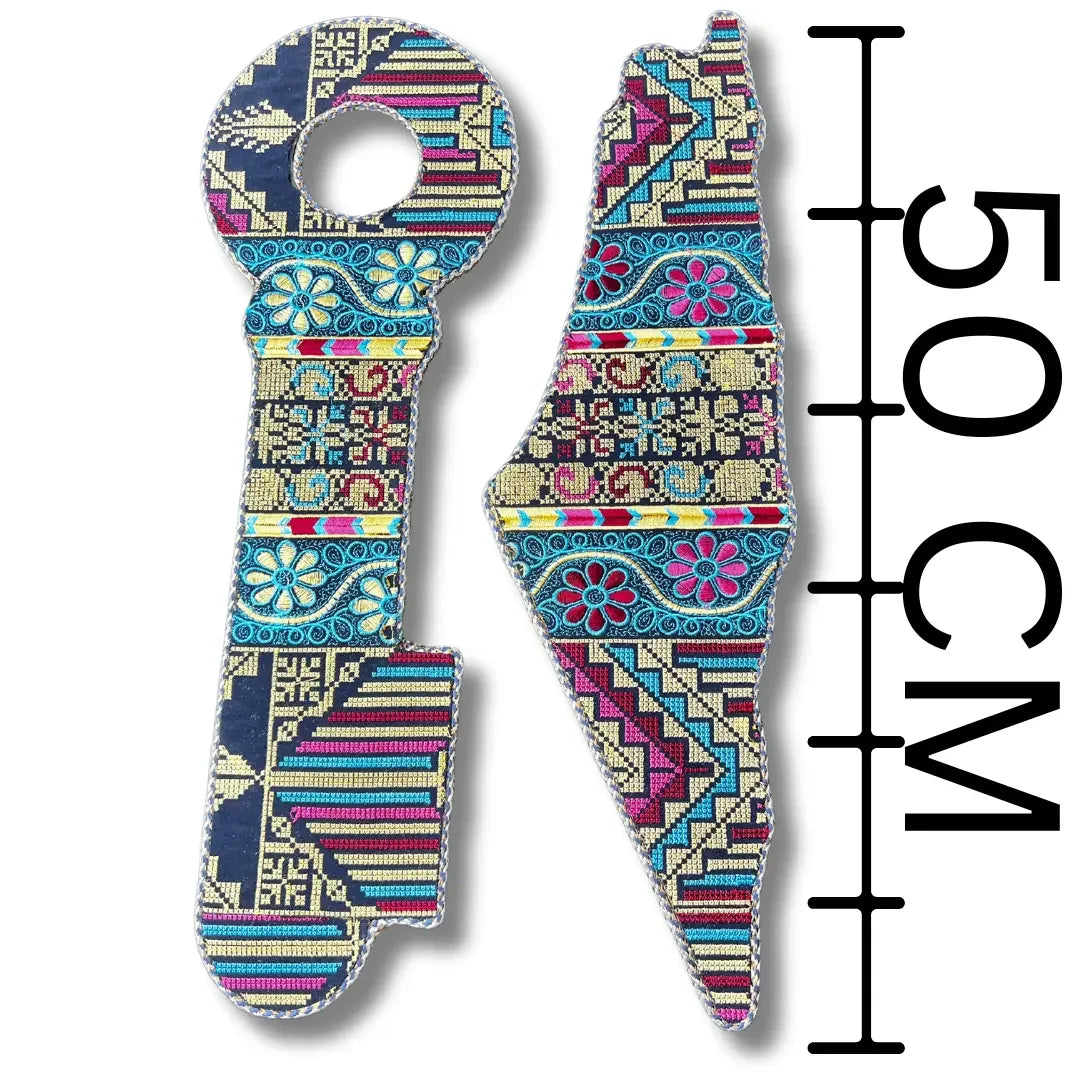 Palestinian Elegance tatreez home decor bundle with colorful embroidered key and map shapes measuring 59 cm