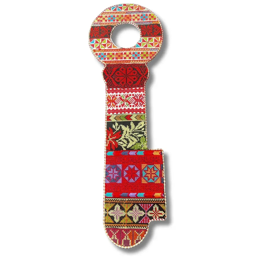 Colorful tatreez key accessory with traditional Palestinian embroidery patterns by Palestinian Elegance