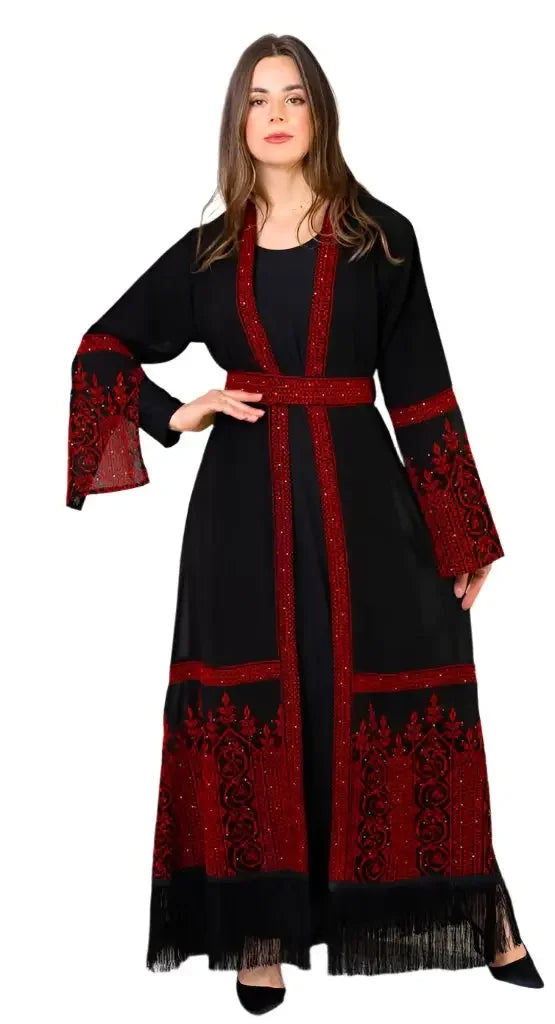 Georgette abaya with belt and tatreez pattern, offering modest sophistication in a two piece Palestinian outfit