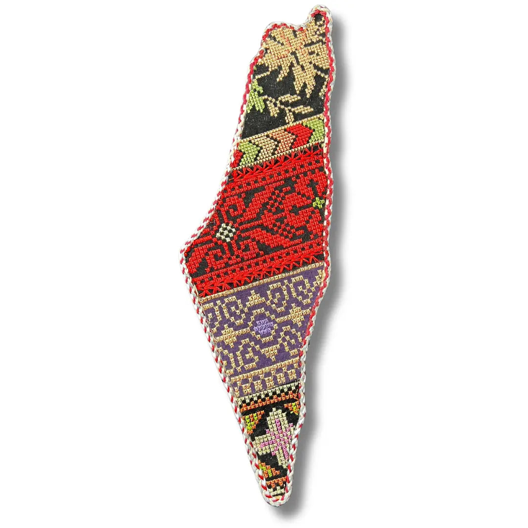 Tatreez Palestine map wall art embroidered with traditional Palestinian patterns in vibrant colors