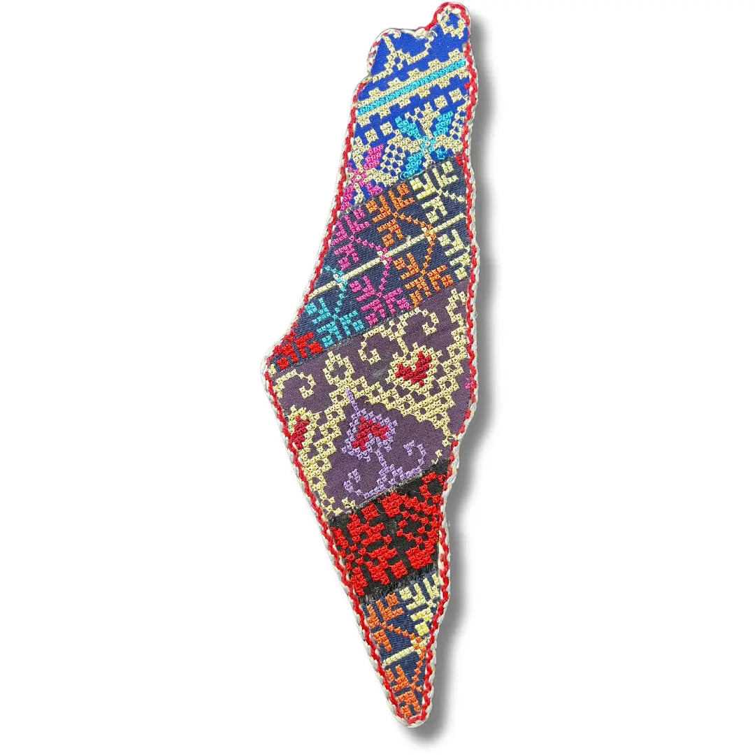 Colorful tatreez Palestine map wall art embroidered with traditional patterns by Palestinian Elegance