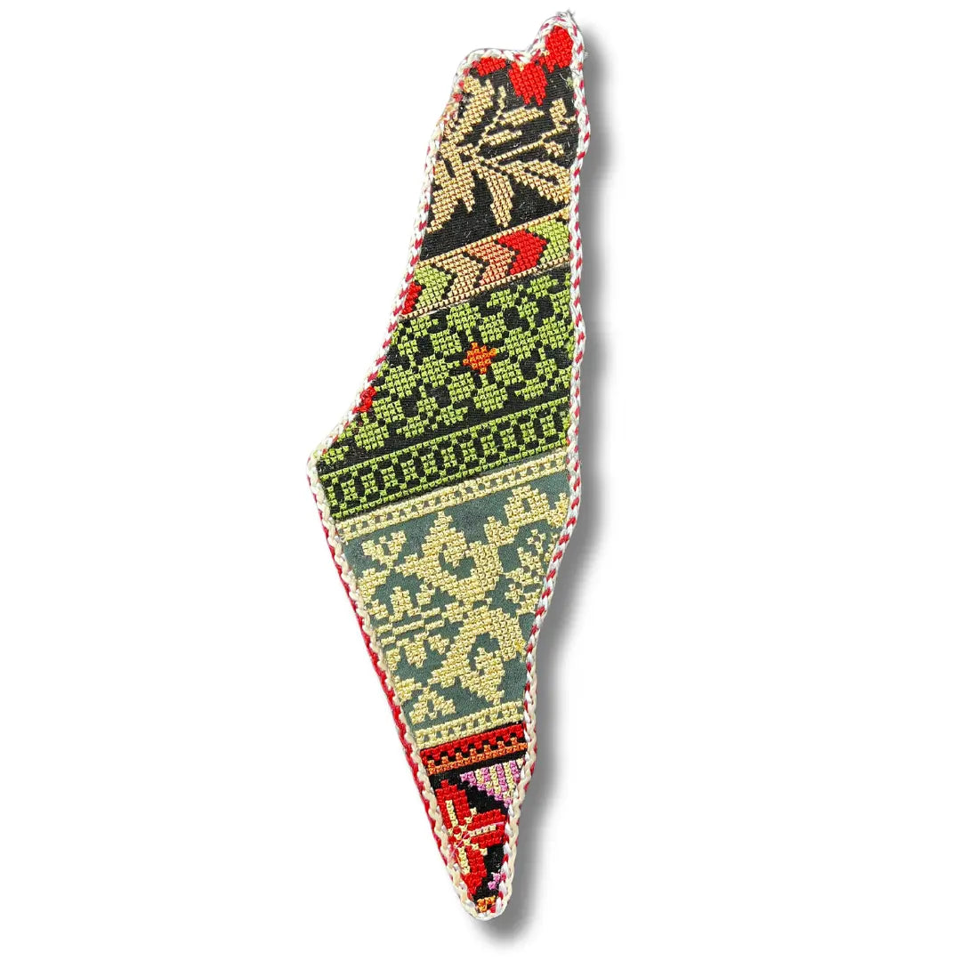 Tatreez Palestine map wall art embroidered with traditional colorful Palestinian patterns