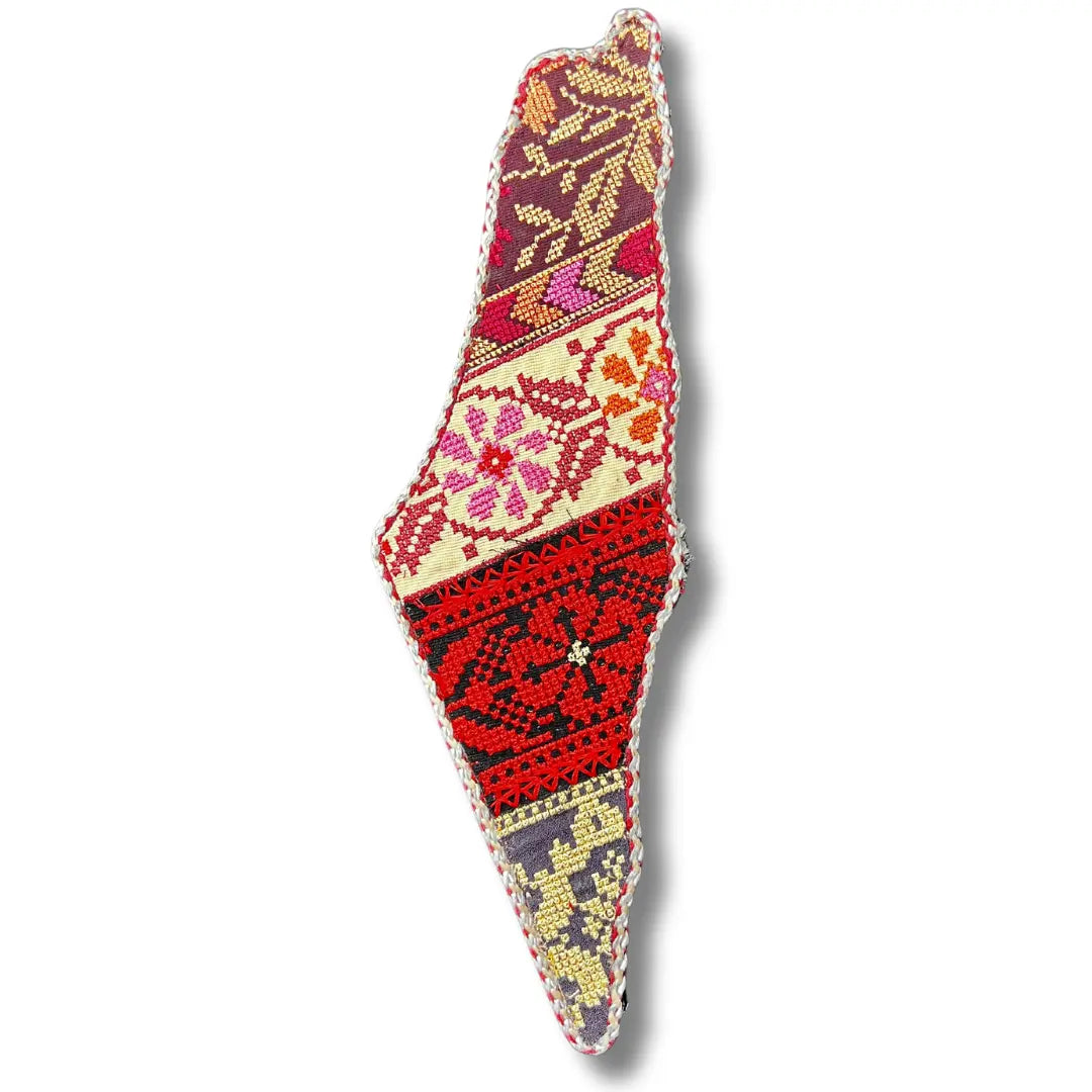 Colorful tatreez Palestine map wall art embroidered with traditional Palestinian patterns